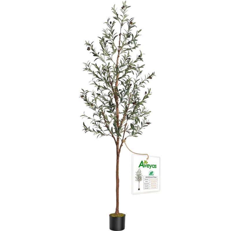 Aveyas 7ft Artificial Olive Tree for Home Decor, 7 Feet Large Faux Plant Fake Skinny Silk Trees with Black Olivo for Indoor Outdoor House Living Room Office (7 ft Tall) - Image 1
