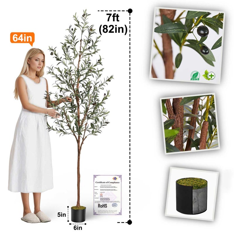 Aveyas 7ft Artificial Olive Tree for Home Decor, 7 Feet Large Faux Plant Fake Skinny Silk Trees with Black Olivo for Indoor Outdoor House Living Room Office (7 ft Tall) - Image 2