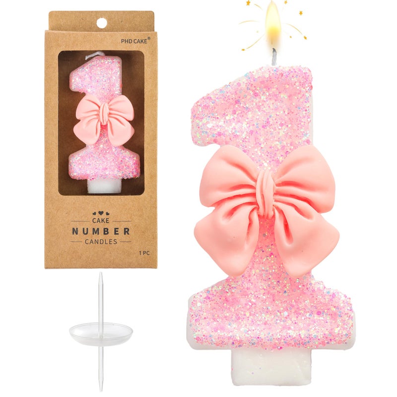 PHD CAKE Number 1 Pink Bowknot Birthday Candles, Cute Themed Number Candles, Party Celebration - Image 1