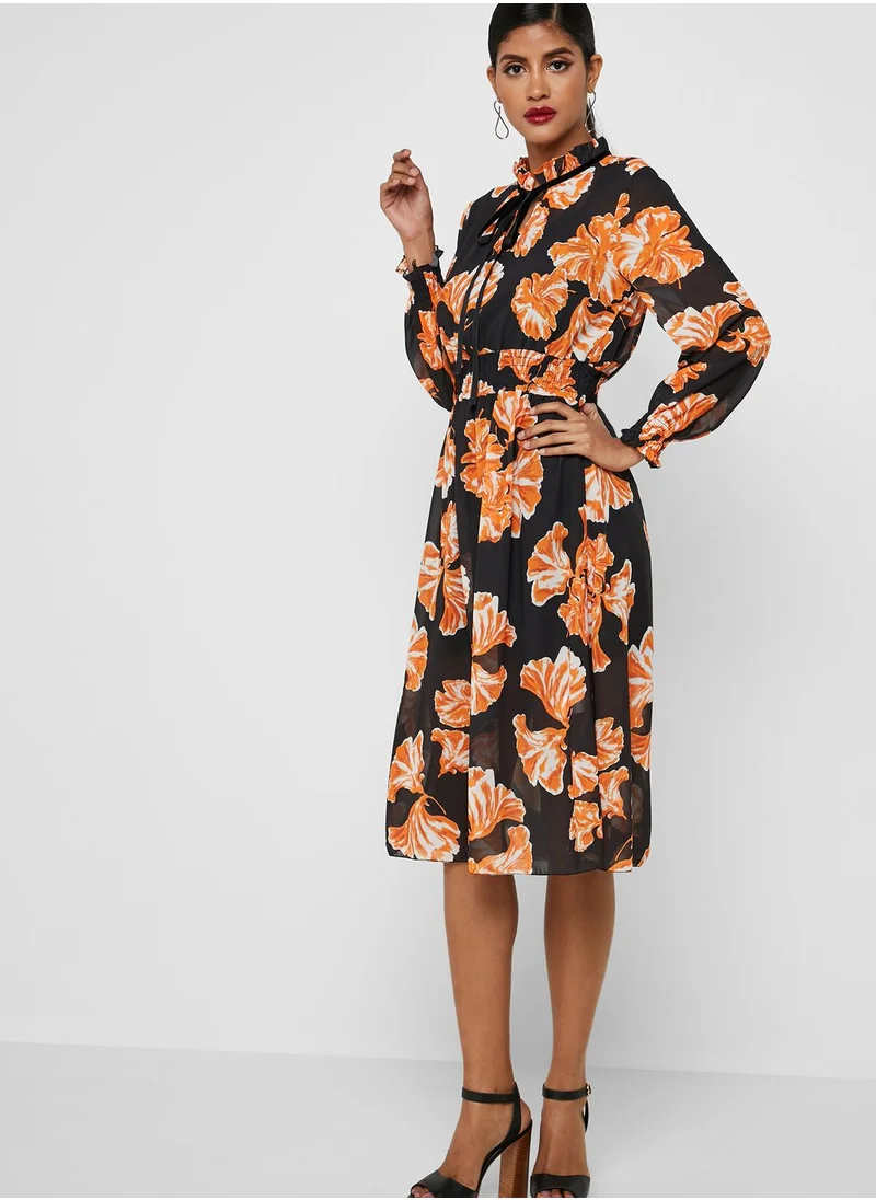 ELLA Floral Print Tie Neck Midi Dress