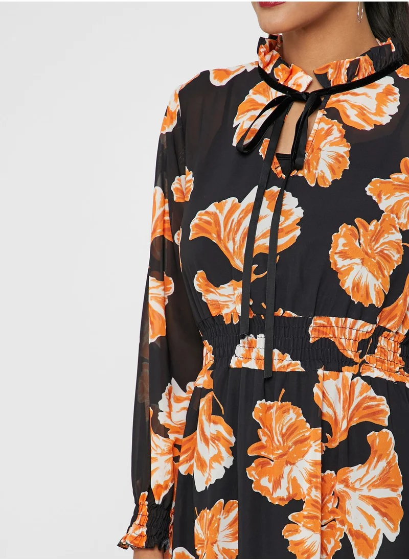 ELLA Floral Print Tie Neck Midi Dress
