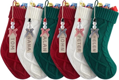 MineTom Personalized Christmas Stockings - 18 Inches Hanging Stockings with DIY Snowman Name Tags, 6 Pack Large Size Knitted Stockings for Mantels, Christmas Tree Family Holiday Decor, Red Green White - Image 1
