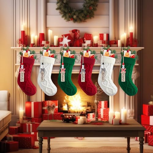 MineTom Personalized Christmas Stockings - 18 Inches Hanging Stockings with DIY Snowman Name Tags, 6 Pack Large Size Knitted Stockings for Mantels, Christmas Tree Family Holiday Decor, Red Green White - Image 3