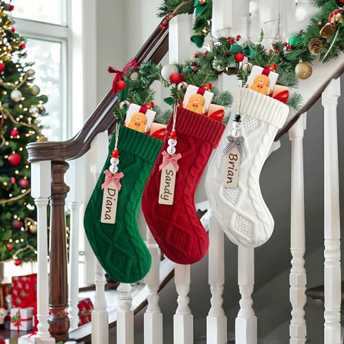 MineTom Personalized Christmas Stockings - 18 Inches Hanging Stockings with DIY Snowman Name Tags, 6 Pack Large Size Knitted Stockings for Mantels, Christmas Tree Family Holiday Decor, Red Green White - Image 5