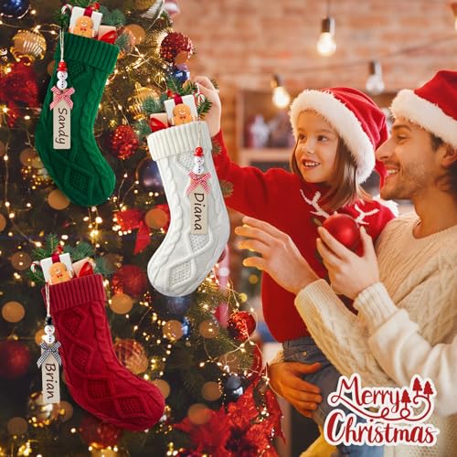 MineTom Personalized Christmas Stockings - 18 Inches Hanging Stockings with DIY Snowman Name Tags, 6 Pack Large Size Knitted Stockings for Mantels, Christmas Tree Family Holiday Decor, Red Green White - Image 2