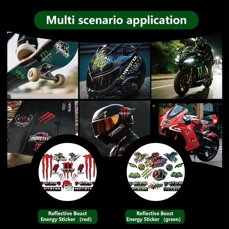 POKITA X 4 PCS Reflective Monster Energy Sticker Combo Pack (Red & Green) - High-Visibility Waterproof Motorcycle Helmet Decals for Bike, Skateboard, Scratch Resistant DIY Bike & Quad Stickers - Image 4