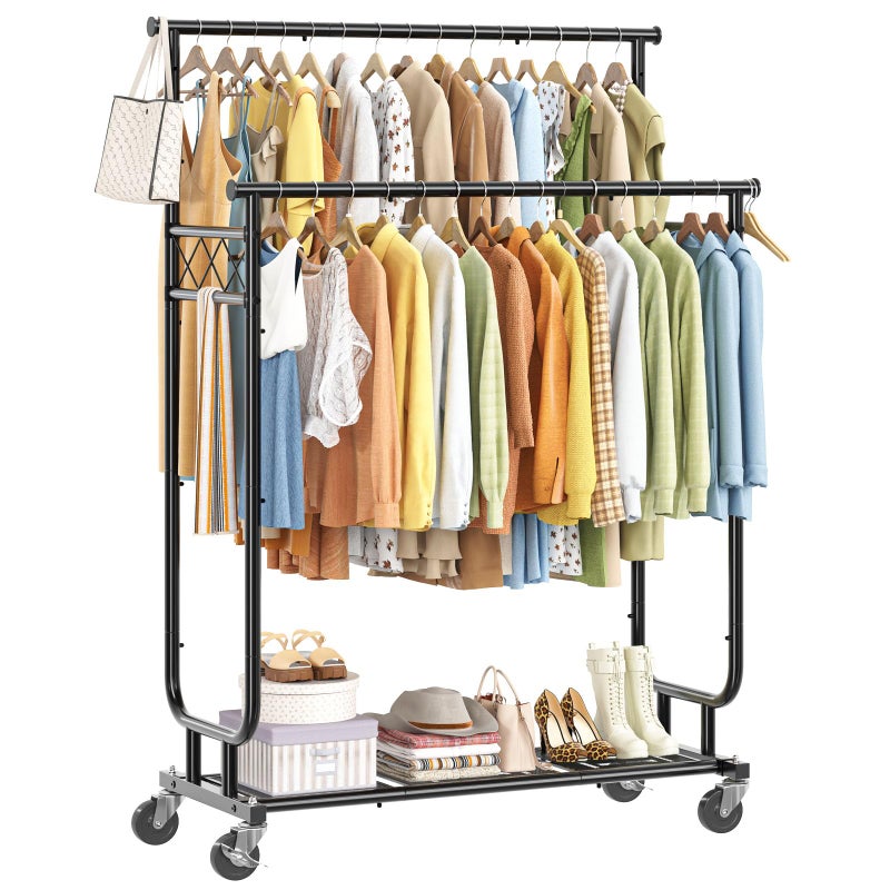 Ekisemio Heavy Duty Clothes Rack, Rolling Clothing Rack With Shelves Load 450 LBS, Double Rod Clothing Racks with Wheels for Hanging Clothes, Black - Image 1