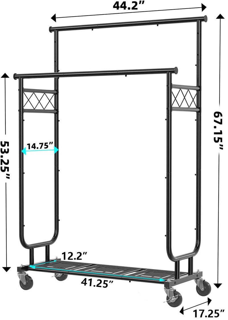 Ekisemio Heavy Duty Clothes Rack, Rolling Clothing Rack With Shelves Load 450 LBS, Double Rod Clothing Racks with Wheels for Hanging Clothes, Black - Image 3