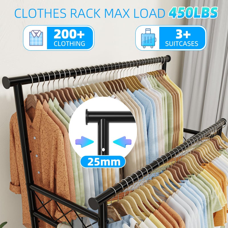 Ekisemio Heavy Duty Clothes Rack, Rolling Clothing Rack With Shelves Load 450 LBS, Double Rod Clothing Racks with Wheels for Hanging Clothes, Black - Image 4