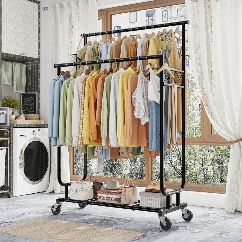 Ekisemio Heavy Duty Clothes Rack, Rolling Clothing Rack With Shelves Load 450 LBS, Double Rod Clothing Racks with Wheels for Hanging Clothes, Black - Image 2