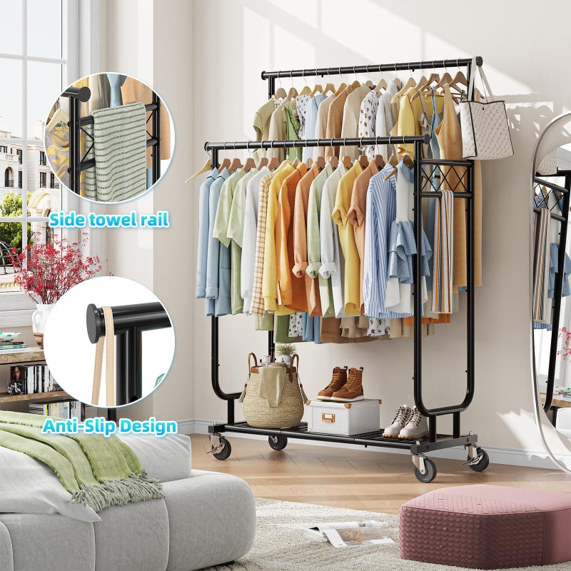 Ekisemio Heavy Duty Clothes Rack, Rolling Clothing Rack With Shelves Load 450 LBS, Double Rod Clothing Racks with Wheels for Hanging Clothes, Black - Image 5