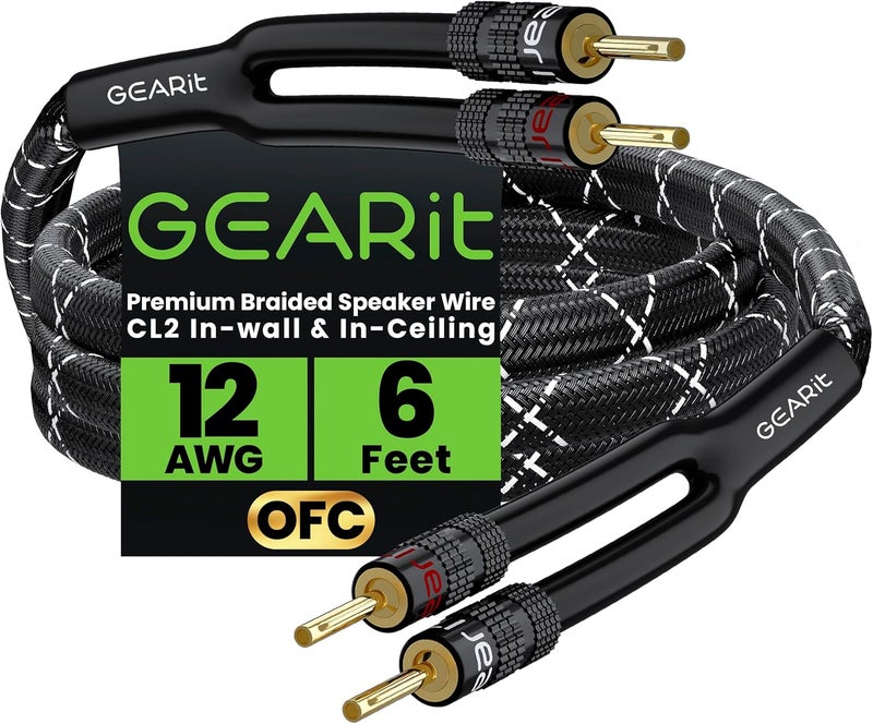 GearIT 12AWG Speaker Cable Wire with Gold-Plated Banana Tip Plugs (6 Feet) in-Wall CL2 Rated, Heavy Duty Braided, 99.9% Oxygen-Free Copper (OFC) - Black, 6ft - Image 1