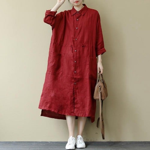 dress plus size 2025 Spring Retro Hong Kong Style Elegant Loose Casual Cotton Mid-length Shirt Dress Womens Fashion Red