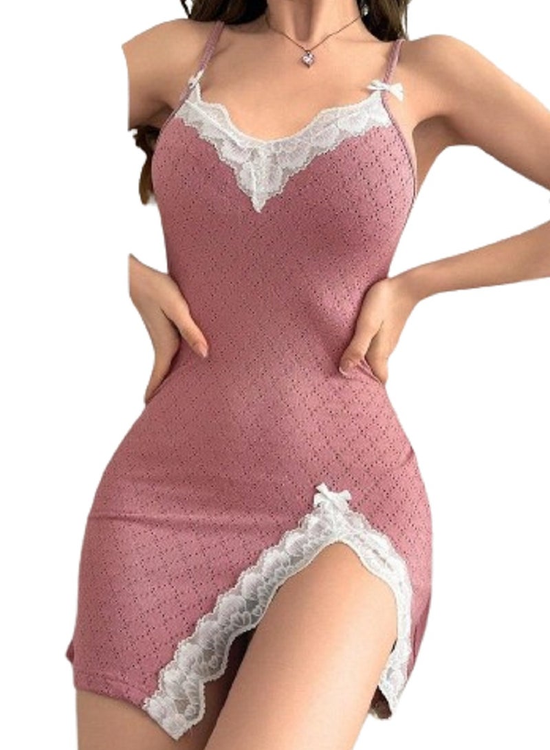 MANIKAN MANIKAN Women’s Lace Sleep Shirt with Thin Straps Side Slit and Lace Details  - Image 1
