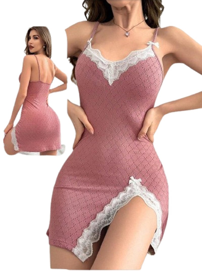 MANIKAN MANIKAN Women’s Lace Sleep Shirt with Thin Straps Side Slit and Lace Details  - Image 3