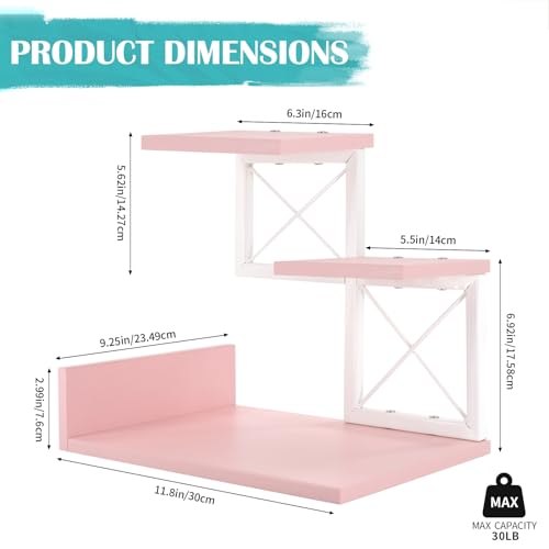 Jolitac Wood Desktop Shelf Desktop Organizer Office Storage Rack Adjustable Wood Display Shelf 3 Tier Storage Display Rack Office Decor Stand Shelves with Metal Frame Pink - Image 3