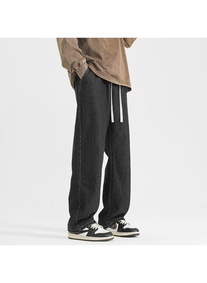 Izexx Solid Color Simple Denim Jeans Men Autumn Winter American Style Straight Casual Loose High Waist Long Pants Hs19 Black XL - Image 4