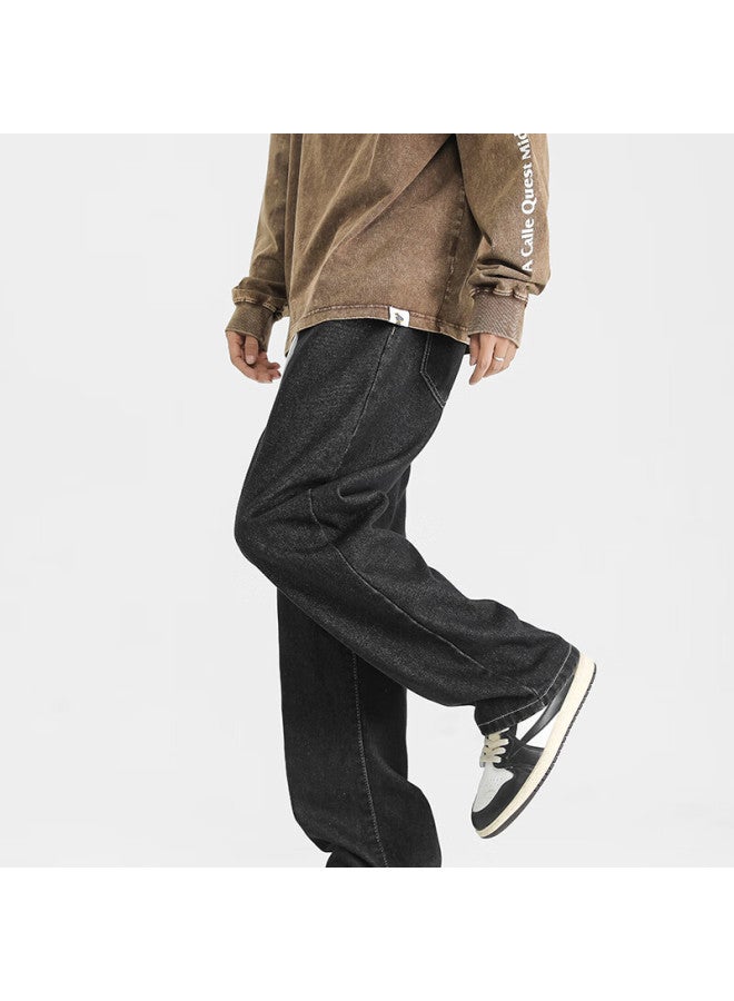 Izexx Solid Color Simple Denim Jeans Men Autumn Winter American Style Straight Casual Loose High Waist Long Pants Hs19 Black XL - Image 2