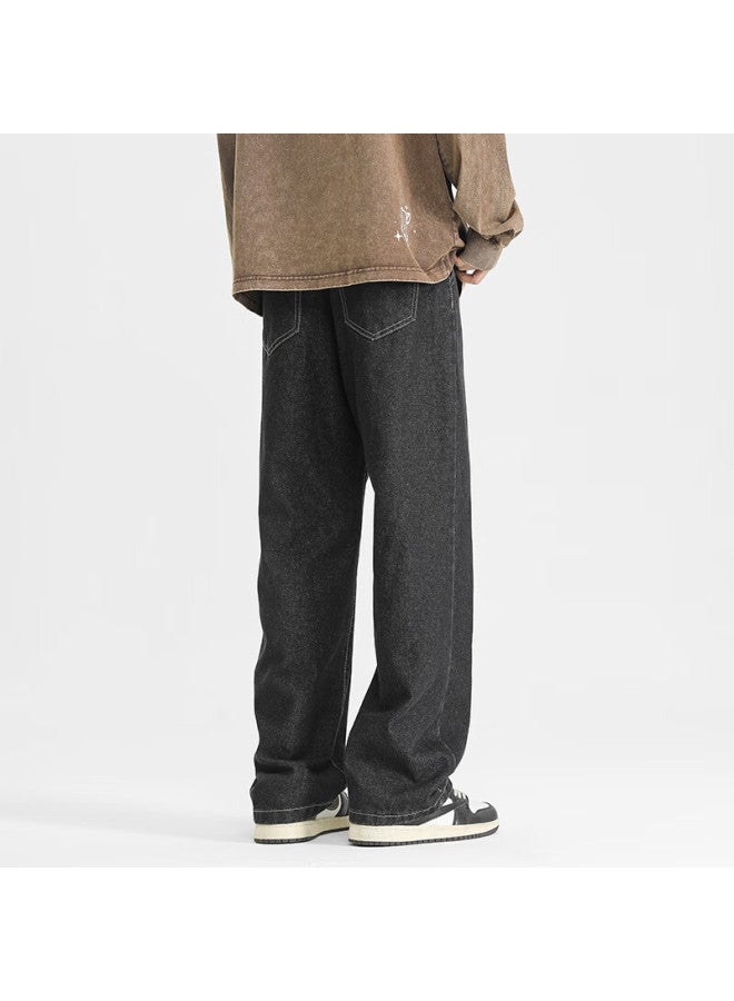 Izexx Solid Color Simple Denim Jeans Men Autumn Winter American Style Straight Casual Loose High Waist Long Pants Hs19 Black XL - Image 3