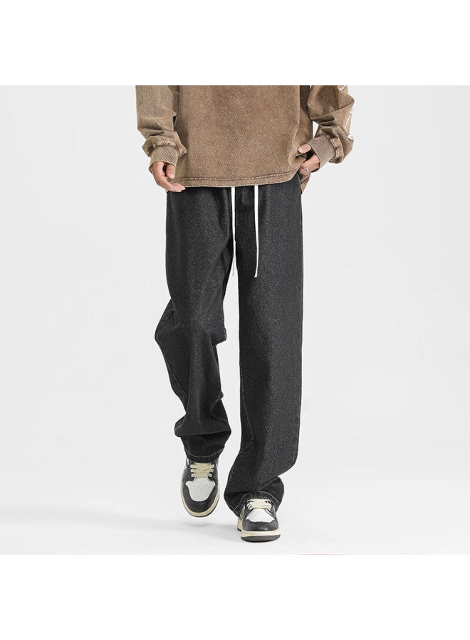Izexx Solid Color Simple Denim Jeans Men Autumn Winter American Style Straight Casual Loose High Waist Long Pants Hs19 Black XL - Image 1