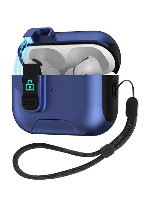 case for AirPods 4th Generation Case with Secure Lock,Shockproof Hard Protective Cover for AirPods 4th Case with Phone Holder,Airpod 4th Cases with Lanyard (Dark Blue)