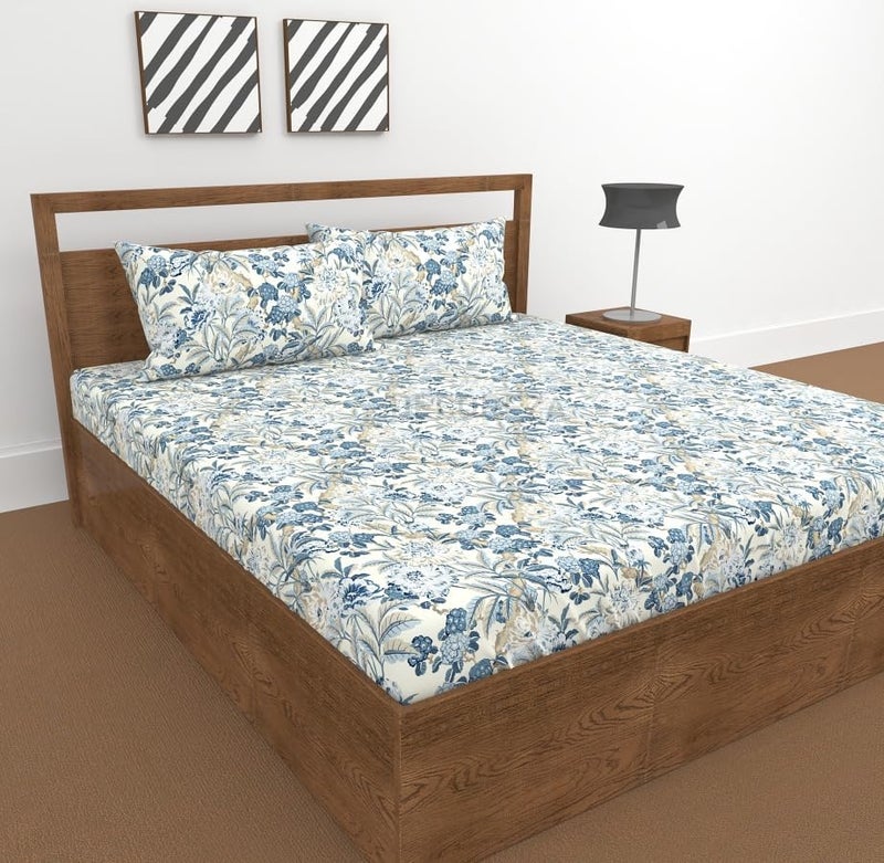 DECOREZA 300 TC 300Tc All Around Cotton Floral Elastic Fitted Bedsheets King Size, King Size Bedsheet with Elastic Fitted Bedsheets for Double Bed with 2 Pillow Covers,Size 78" X 72"(Blue Smoke) - Image 2