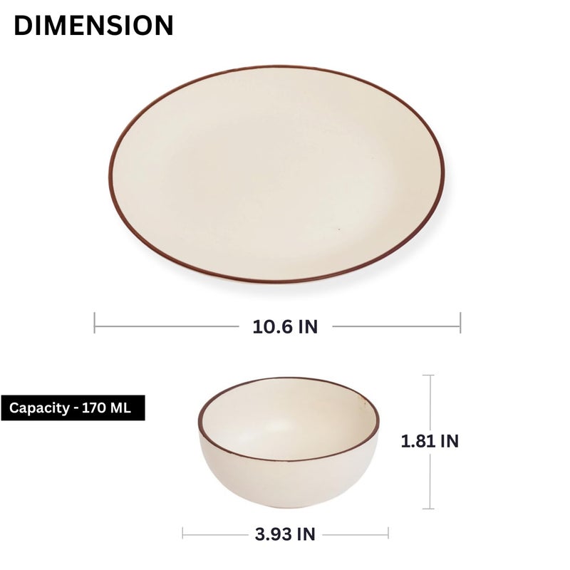 Freakway Handcrafted Ivory White Stoneware Pack of 8 Pieces Ceramic Dinner Set 4 | Crockery Set for Dining Table | Glossy Finish | 4 Dinner Plates & 4 Bowl/katori | Microwave & Dishwasher Safe - Image 2