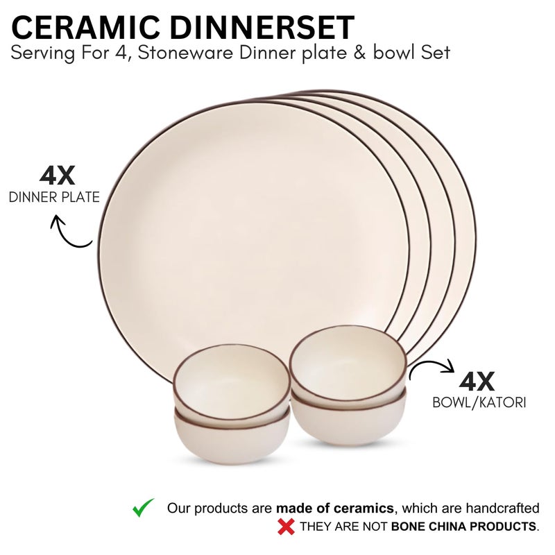 Freakway Handcrafted Ivory White Stoneware Pack of 8 Pieces Ceramic Dinner Set 4 | Crockery Set for Dining Table | Glossy Finish | 4 Dinner Plates & 4 Bowl/katori | Microwave & Dishwasher Safe - Image 4