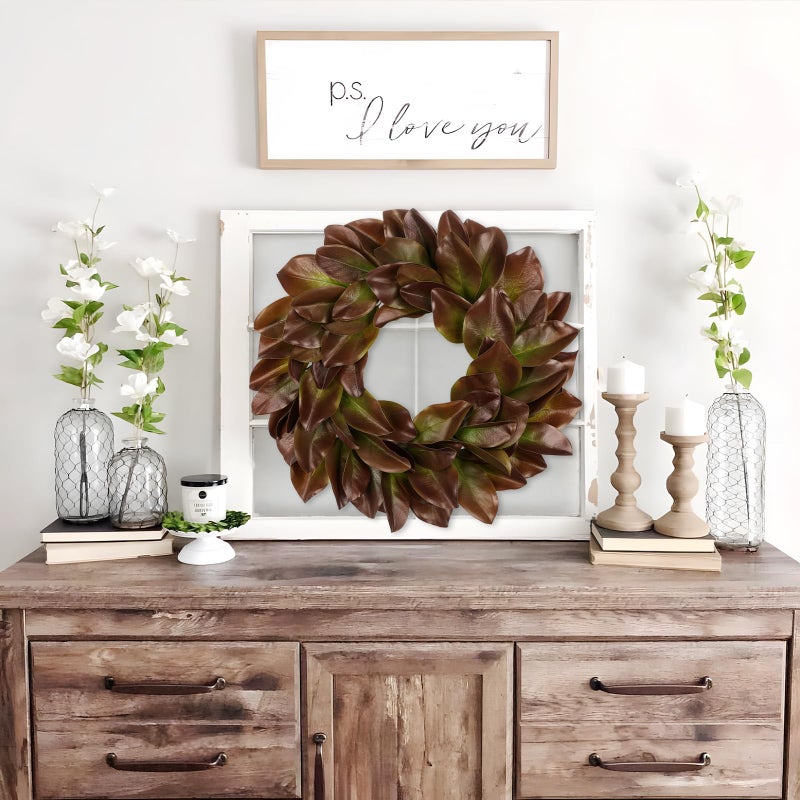 Briful 23in Christmas Magnolia Leaf Wreath for Front Door, All Season Greenery Artificial Wreaths Realistic Magnolia Wreath for Xmas Home Outdoor & Indoor Decor, Brown - Image 4