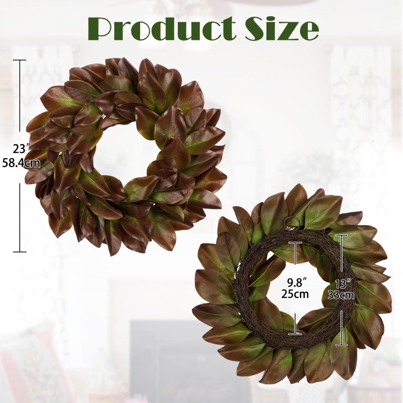 Briful 23in Christmas Magnolia Leaf Wreath for Front Door, All Season Greenery Artificial Wreaths Realistic Magnolia Wreath for Xmas Home Outdoor & Indoor Decor, Brown - Image 2