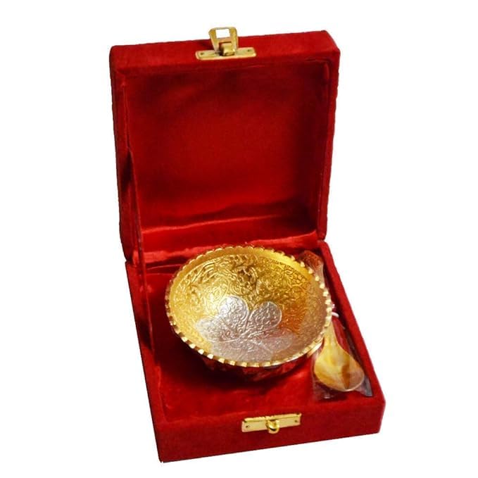 ELITE ENTERPRISE Silver Gold Plated Decorative Single Bowl with Spoon Royal Velvet Box Set Gold - Image 3