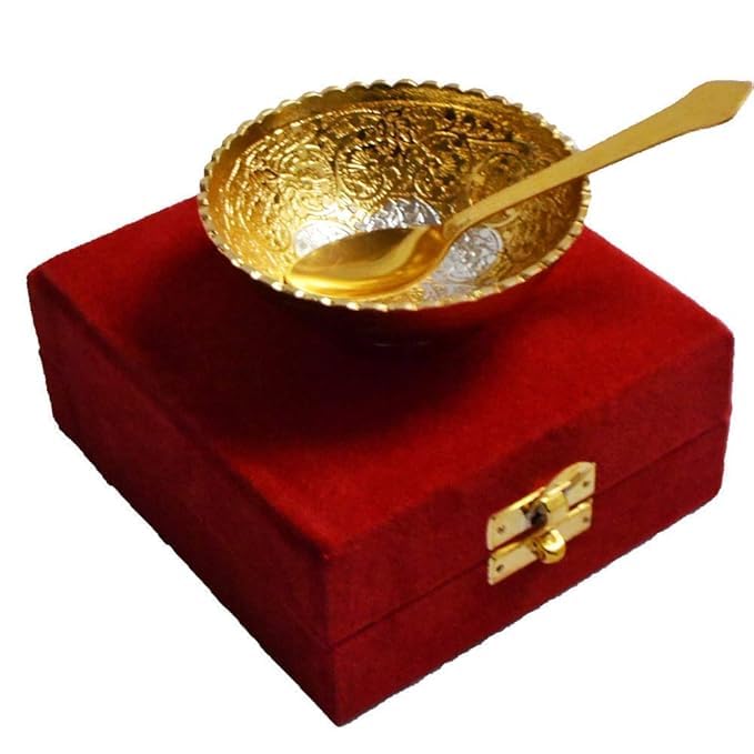 ELITE ENTERPRISE Silver Gold Plated Decorative Single Bowl with Spoon Royal Velvet Box Set Gold - Image 1