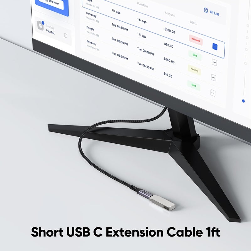DteeDck Short USB C Extension Cable 1ft, USB 3.2 Gen 2 Type C Extender Cord 100W Fast Charging/10Gbps Data Transfer/4K@60Hz Video Male to Female for Hub MacBook Air Pro iPhone iPad Dock Monitor - Image 2
