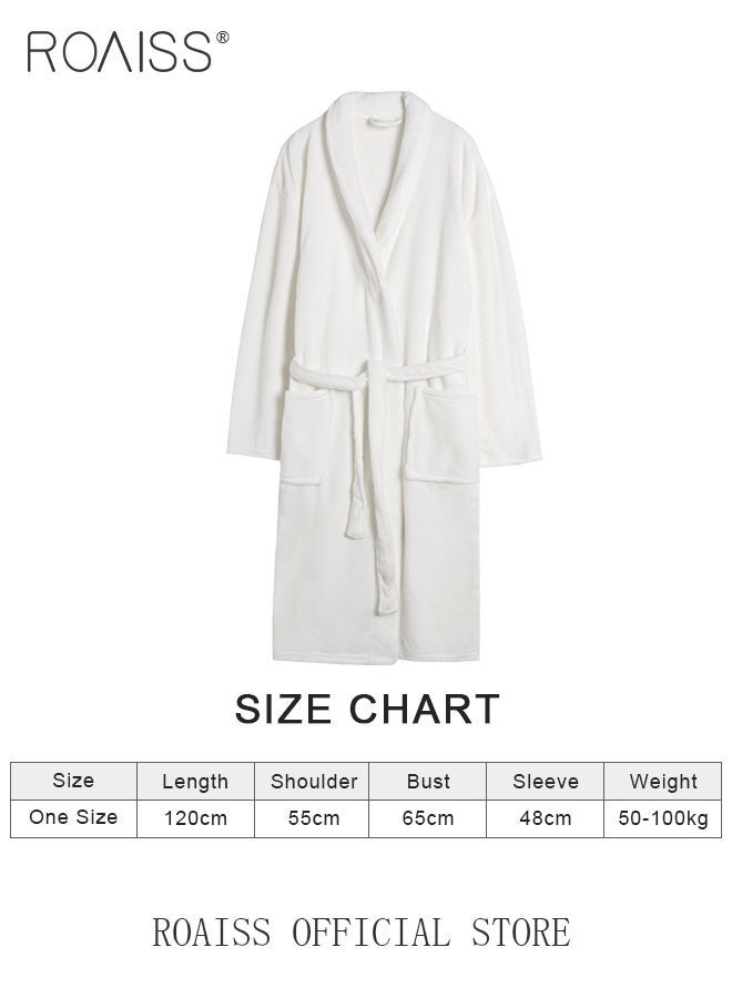 roaiss Coral Velvet Bathrobe for Men and Women Long Increase Absorbent Pajamas Robe Pure White Soft Plus Size Bathrobes with Pockets for Household Hotel - Image 4