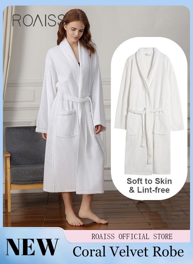 roaiss Coral Velvet Bathrobe for Men and Women Long Increase Absorbent Pajamas Robe Pure White Soft Plus Size Bathrobes with Pockets for Household Hotel - Image 1