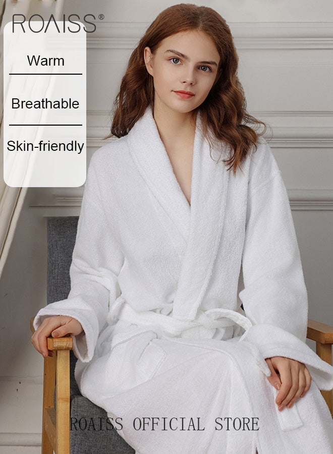 roaiss Coral Velvet Bathrobe for Men and Women Long Increase Absorbent Pajamas Robe Pure White Soft Plus Size Bathrobes with Pockets for Household Hotel - Image 2