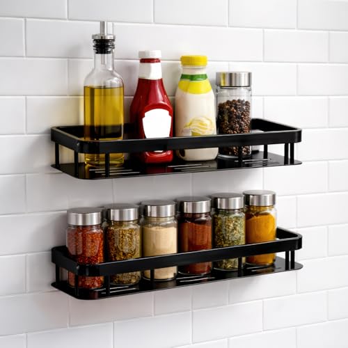MIORAH 2 Pack Bathroom Organiser Without Drill – Bathroom Shelves Rustproof Wall Organizer Rack for Toiletries & Shower Storage Black - Image 1