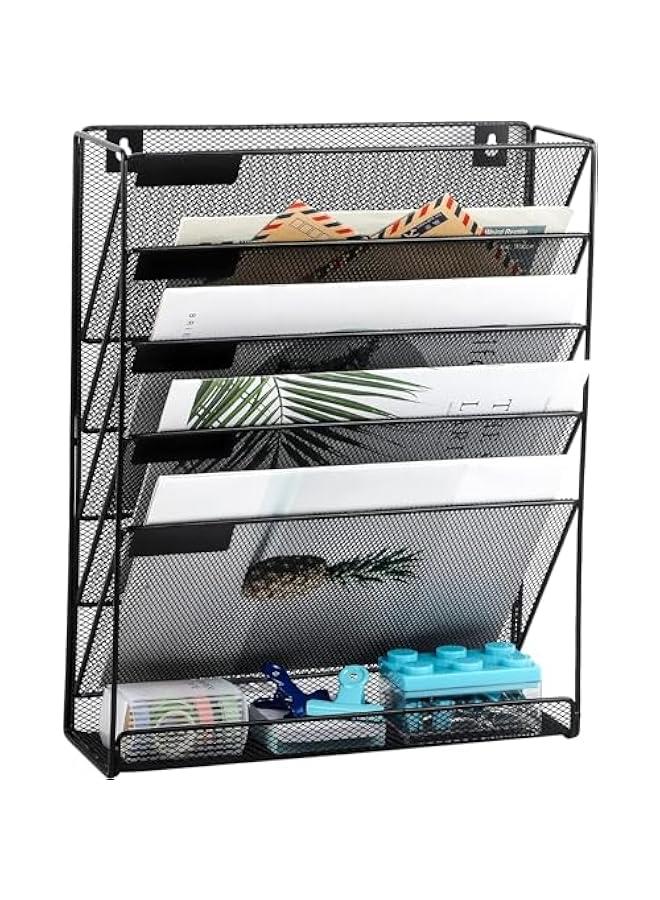 HOOKOR Desk File Organizer Mesh 5-Tier, Hanging Wall Mount Document Organization Stand, Desktop Vertical Mail Paper Folder Holder Rack with Bottom Tray for Office Home Cubicle Countertop - Image 1