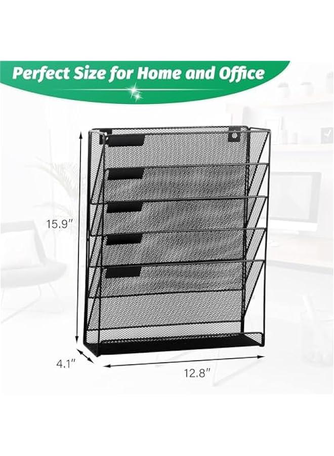 HOOKOR Desk File Organizer Mesh 5-Tier, Hanging Wall Mount Document Organization Stand, Desktop Vertical Mail Paper Folder Holder Rack with Bottom Tray for Office Home Cubicle Countertop - Image 2