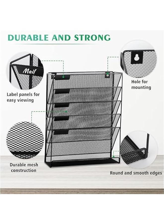 HOOKOR Desk File Organizer Mesh 5-Tier, Hanging Wall Mount Document Organization Stand, Desktop Vertical Mail Paper Folder Holder Rack with Bottom Tray for Office Home Cubicle Countertop - Image 4