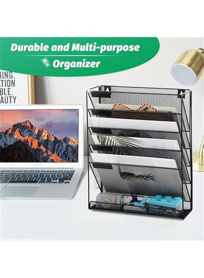 HOOKOR Desk File Organizer Mesh 5-Tier, Hanging Wall Mount Document Organization Stand, Desktop Vertical Mail Paper Folder Holder Rack with Bottom Tray for Office Home Cubicle Countertop - Image 3