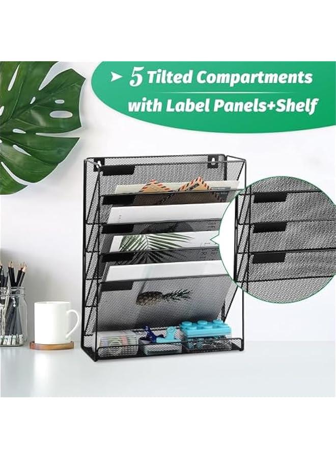 HOOKOR Desk File Organizer Mesh 5-Tier, Hanging Wall Mount Document Organization Stand, Desktop Vertical Mail Paper Folder Holder Rack with Bottom Tray for Office Home Cubicle Countertop - Image 5