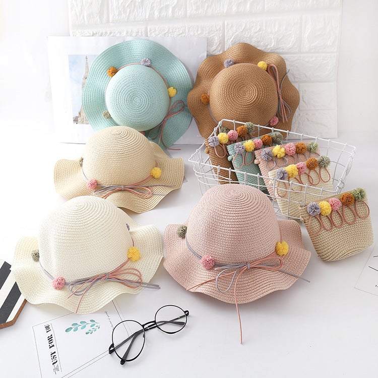 Colored Ball Bag Childrens Sun Hat Girls Summer Beach Hat Waved Straw Hat Sunshade Hat Childrens Cool Hat Khaki - Image 3