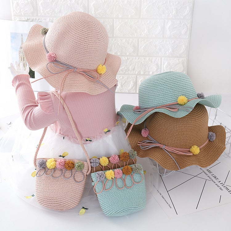 Colored Ball Bag Childrens Sun Hat Girls Summer Beach Hat Waved Straw Hat Sunshade Hat Childrens Cool Hat Khaki - Image 2