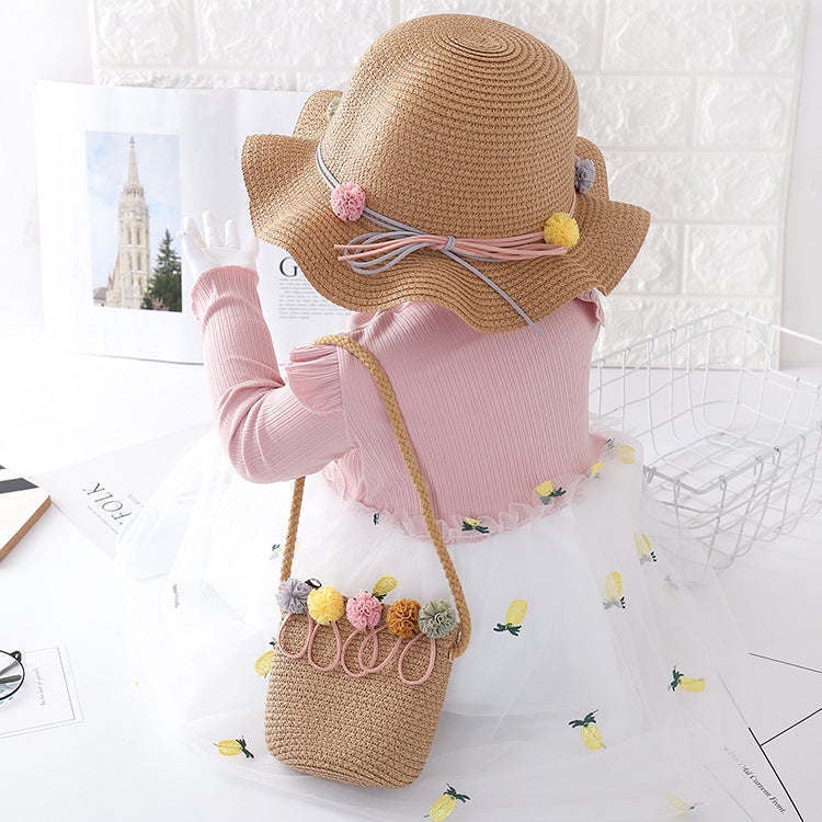 Colored Ball Bag Childrens Sun Hat Girls Summer Beach Hat Waved Straw Hat Sunshade Hat Childrens Cool Hat Khaki - Image 1