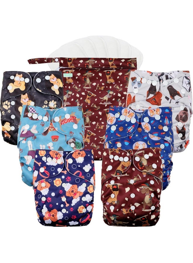 wegreeco Cloth Diapers 6 Pack with 6 Inserts & 1 Wet Bag, Washable Cloth Diapers for Babies, One Size Adjustable Reusable Diapers Baby (Little Dogs) - Image 1