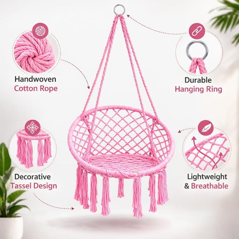 DEEP SLEEP Every Night Deep Sleep Macrame Hammock Swing Chair – Cozy Handmade Hanging Cotton Rope Chair for Indoor, Outdoor, Patio & Yard | Stylish & Durable Design (Pink) - Image 5