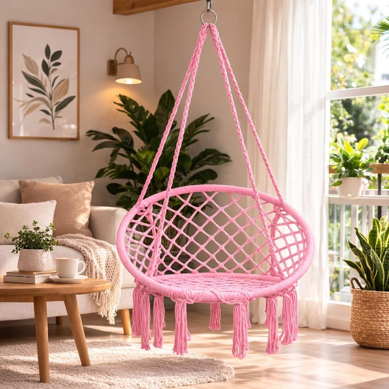 DEEP SLEEP Every Night Deep Sleep Macrame Hammock Swing Chair – Cozy Handmade Hanging Cotton Rope Chair for Indoor, Outdoor, Patio & Yard | Stylish & Durable Design (Pink) - Image 2