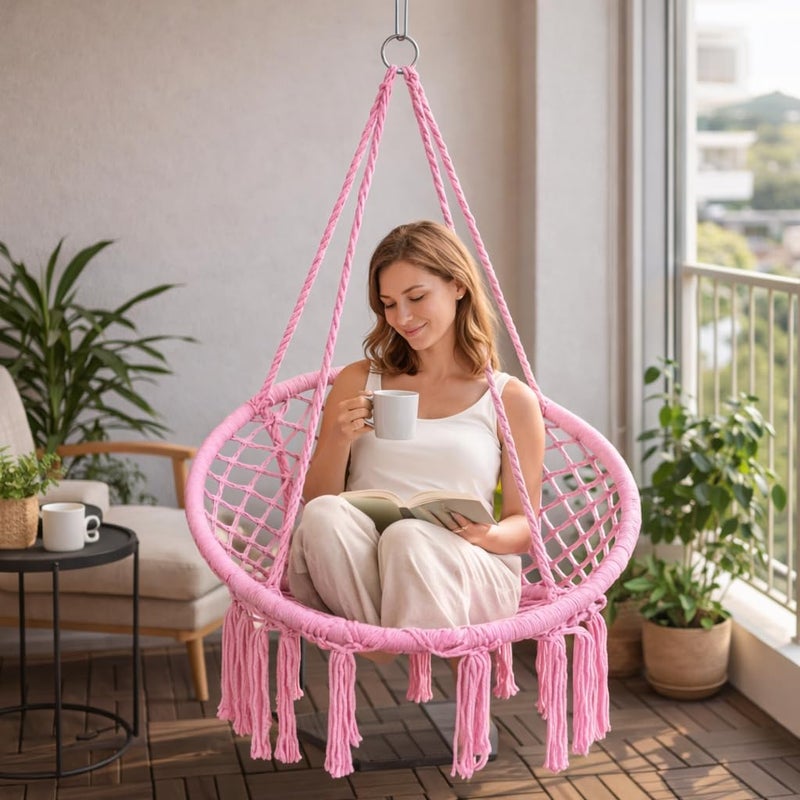 DEEP SLEEP Every Night Deep Sleep Macrame Hammock Swing Chair – Cozy Handmade Hanging Cotton Rope Chair for Indoor, Outdoor, Patio & Yard | Stylish & Durable Design (Pink) - Image 4