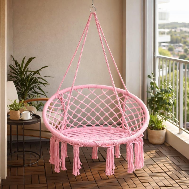 DEEP SLEEP Every Night Deep Sleep Macrame Hammock Swing Chair – Cozy Handmade Hanging Cotton Rope Chair for Indoor, Outdoor, Patio & Yard | Stylish & Durable Design (Pink) - Image 3